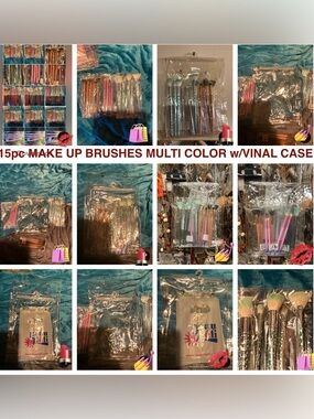 15 Assorted Makeup Brush Sets RoseGold, Pink & Teal Handles w/vinyl snap case NW